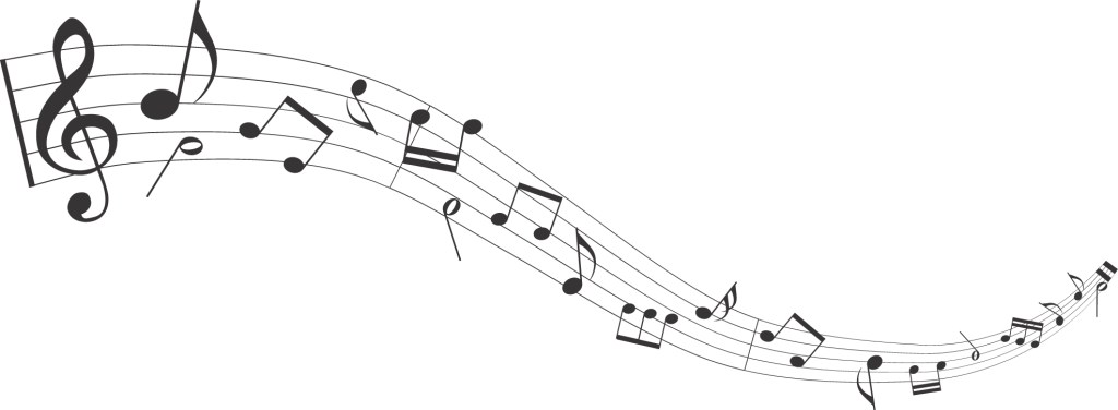 Treble clef and various music notes on a staff trailing off in the distance