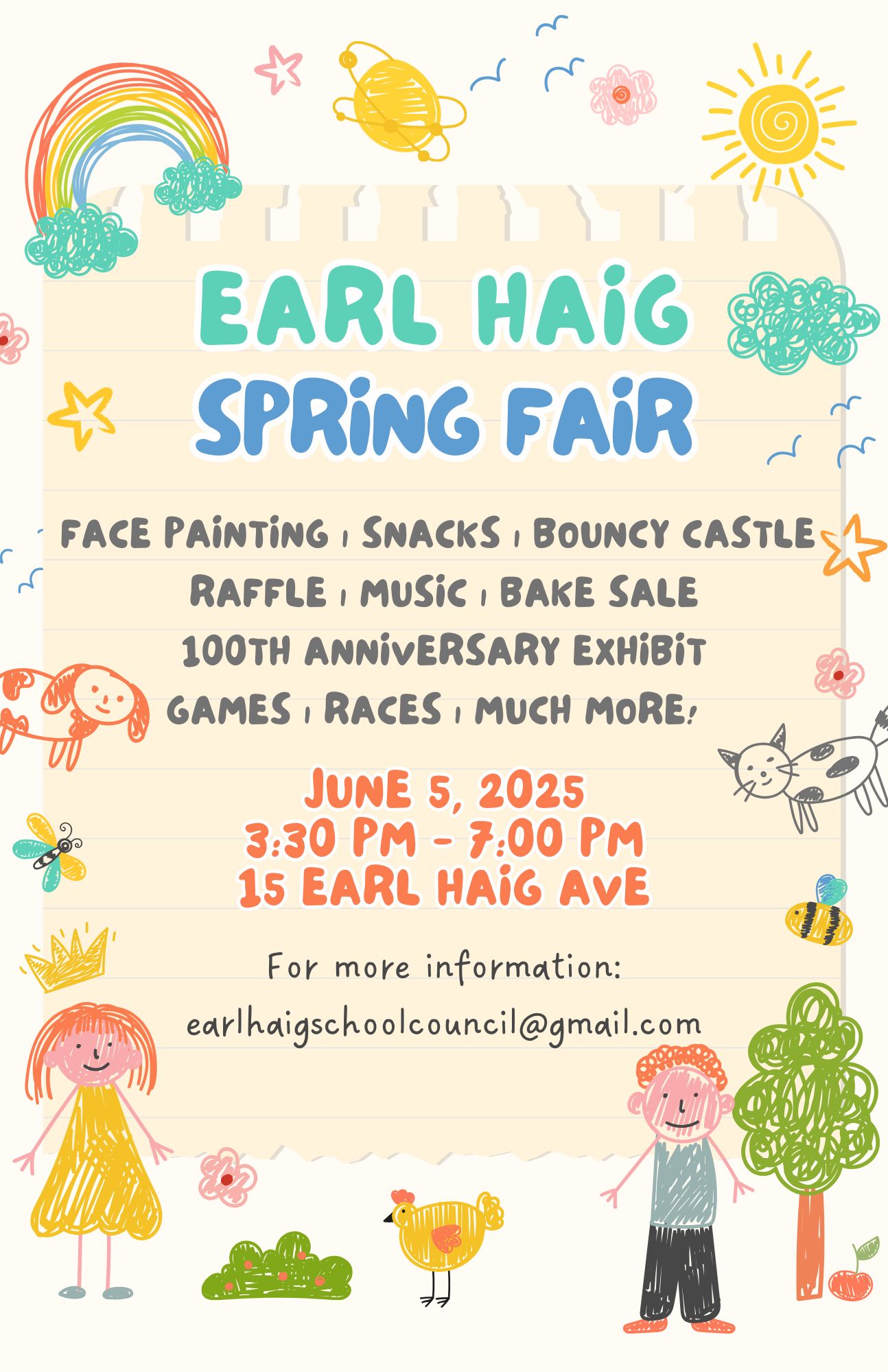 Colourful Poster with images and text - face painting, snacks, bouncy castle, raffle, music, bakes sale 100th anniversary exhibit - Earl Haig Spring Fair